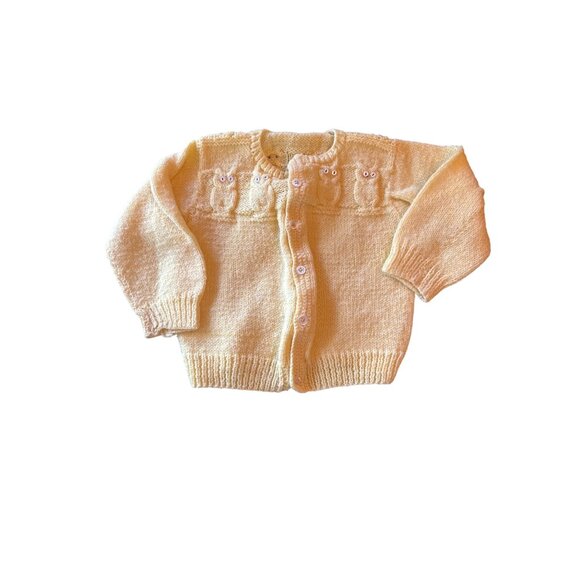 Hand-Knitted Yellow Owl Baby Cardigan Sweater Vintage 80s - Picture 1 of 4